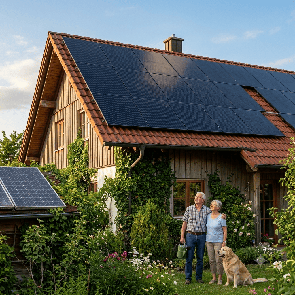 Moderne Photovoltaikanlage auf dem Dach eines Einfamilienhauses bei strahlendem Sonnenschein